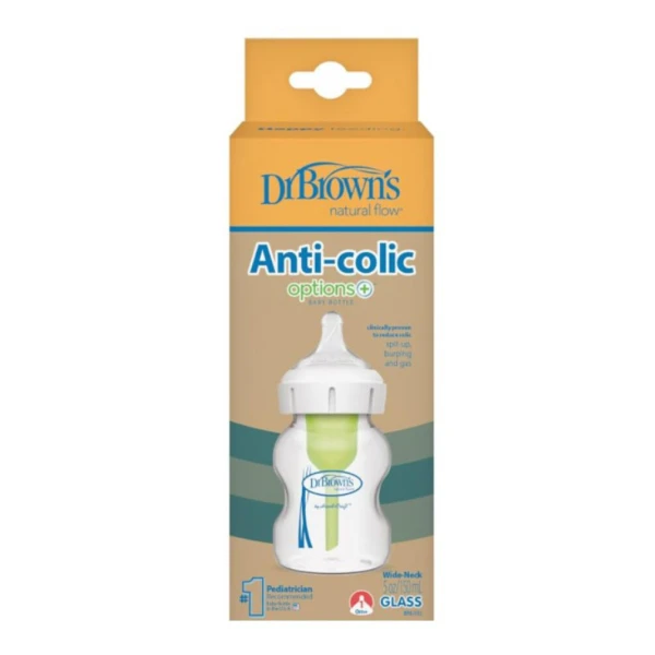 Dr. Brown's Natural Flow Anti-Colic Options+ Γυάλινο Μπιμπερό με Φαρδύ Λαιμό 0m+, 150ml
