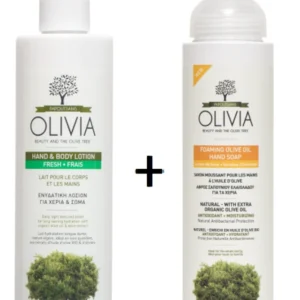 Olivia Gift Set Ενυδατική Λοσιόν για Χέρια & Σώμα 265ml & ΔΩΡΟ Αφρίζον σαπούνι καθαρισμού για τα χέρια με Ελαιόλαδο και εκχύλισμα Λουίζας, 265ml