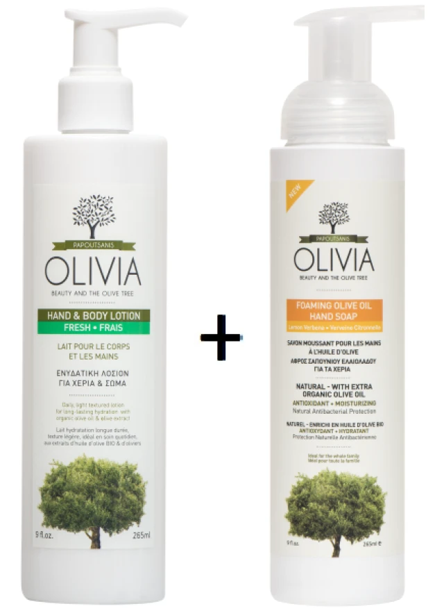 Olivia Gift Set Ενυδατική Λοσιόν για Χέρια & Σώμα 265ml & ΔΩΡΟ Αφρίζον σαπούνι καθαρισμού για τα χέρια με Ελαιόλαδο και εκχύλισμα Λουίζας, 265ml
