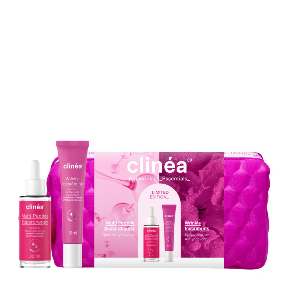 CLINEA Limited Edition Gift Set Antiwrinkle Essentials Με Νεσεσέρ & Serum Multipeptide Super Charger & Κρέμα Ματιών Wrinkle Instashrink