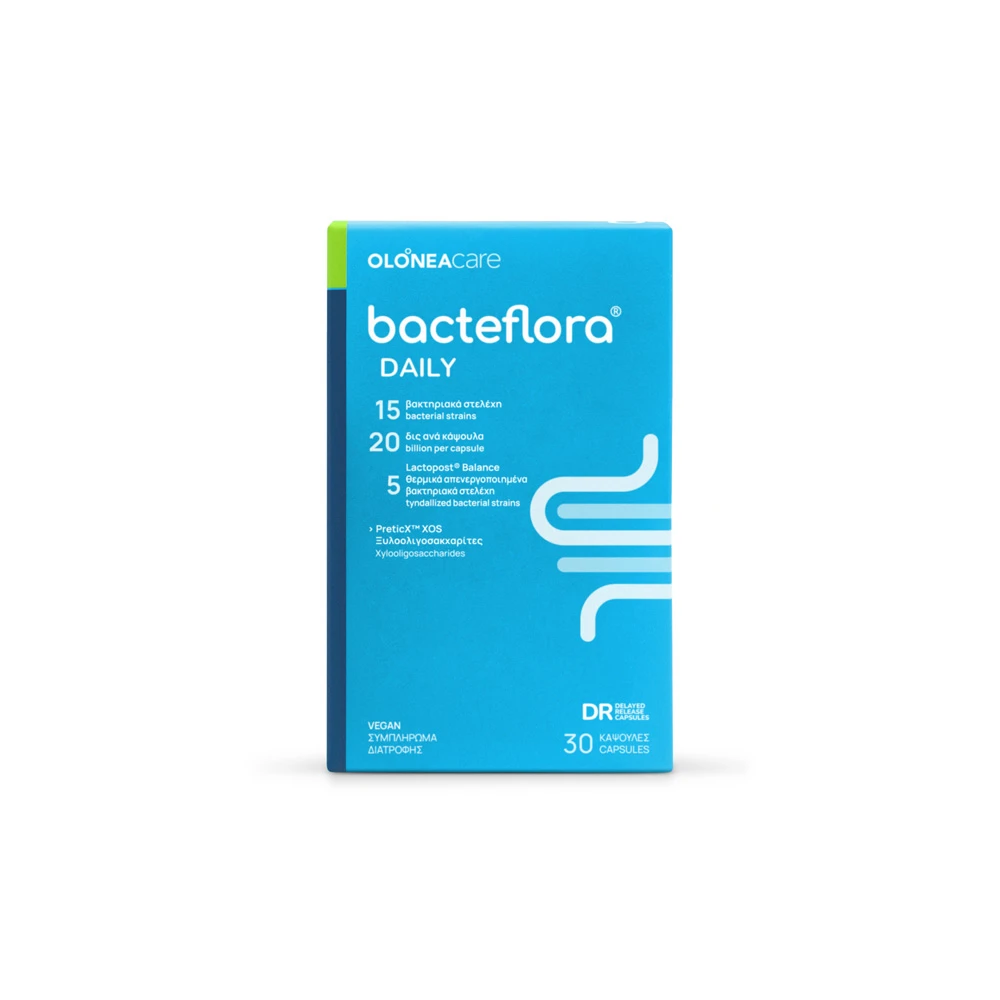 Olonea Bacteflora Daily Για Την Καθημερινή Ομαλή Λειτουργία Του Γαστρεντερικού Συστήματος Με Προβιοτικά Πρεβιοτικά & Μεταβιοτικά 30 κάψουλες